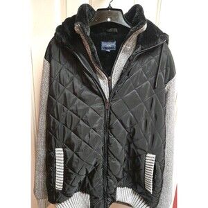 Marc Asher Mens Gray Black Hooded Jacket Faux Fur Lined Full Zip Large GUC